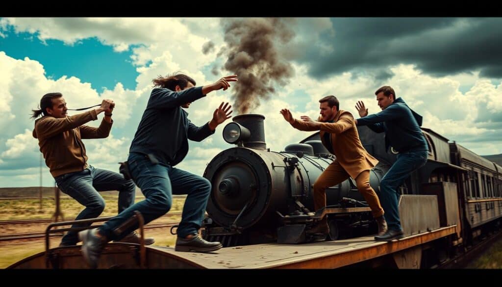 Intense action sequence atop a rapidly moving train, with stunt performers engaged in a thrilling fight choreography. The foreground depicts the gritty hand-to-hand combat, the combatants' faces etched with determination as they struggle to gain the upper hand. The mid-ground captures the train's powerful locomotive, its engine roaring as it cuts through the landscape. In the background, a dramatic sky serves as the canvas, with moody clouds casting dynamic shadows that heighten the sense of danger and urgency. The scene is lit by a combination of natural sunlight and strategic lighting rigs, creating sharp contrasts and dramatic shadows that accentuate the action. The camera angles are dynamic, capturing the action from multiple perspectives to immerse the viewer in the heart-pounding sequence.