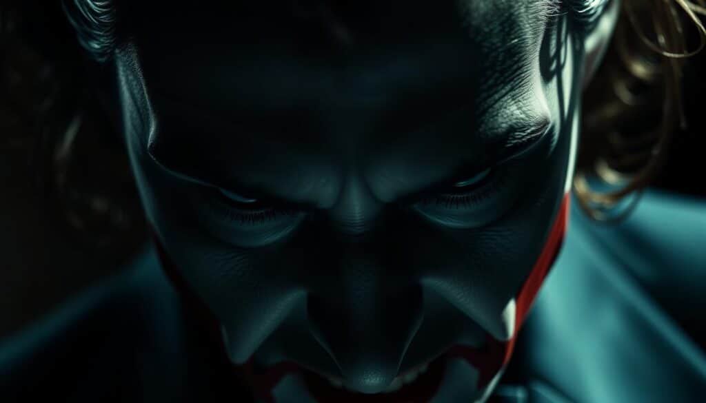 Joaquin Phoenix as the enigmatic Coringa, his piercing gaze and intense expression captivating the viewer. A close-up shot highlights the actor's acclaimed performance, showcasing the nuanced emotions and complex character dynamics. Dramatic lighting casts ominous shadows across his face, heightening the sense of psychological depth and turbulence. The image exudes a palpable sense of tension and unease, reflecting the complexity and intensity of the protagonist's journey. Sophisticated camera angles and a cinematic aesthetic transport the viewer into the heart of this iconic performance, inviting a deeper exploration of the character's motivations and impact.