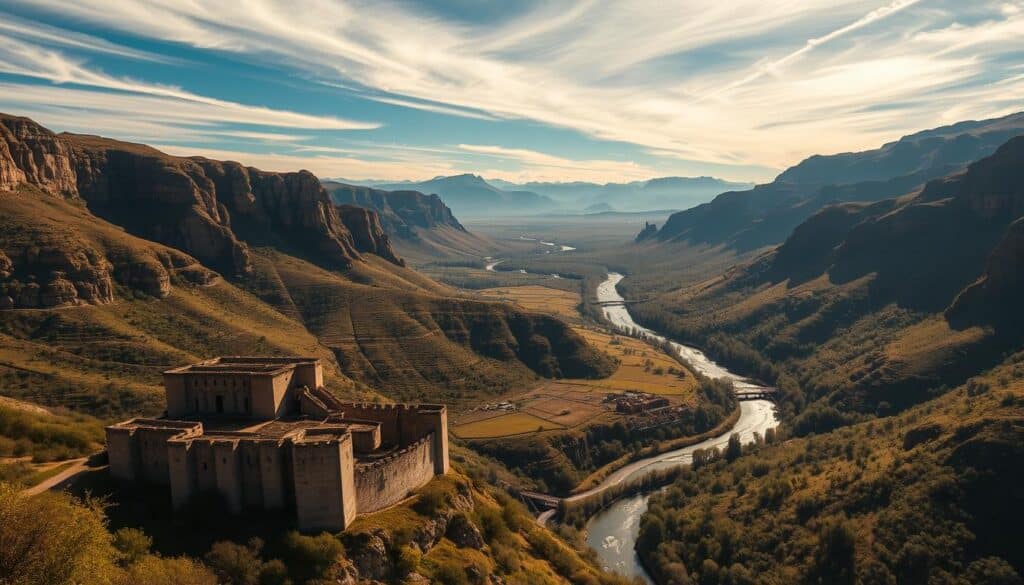 Vast, awe-inspiring landscapes of the Spanish countryside, bathed in warm, golden sunlight. Towering rocky outcrops, windswept hills, and lush, verdant valleys set the stage for epic battles and intrigue. In the foreground, ancient castles and fortresses stand resolute, their weathered stone walls casting long shadows. Meandering rivers snake through the rugged terrain, reflecting the azure sky above. Wispy clouds drift lazily overhead, lending an air of timeless grandeur to the scene. The mood is one of sweeping, cinematic scale, evoking the legendary world of Westeros and the drama that unfolded within. Captured through a wide-angle lens, this panoramic vista offers a breathtaking glimpse into the real-life locations that inspired the fantastical realm of Game of Thrones.