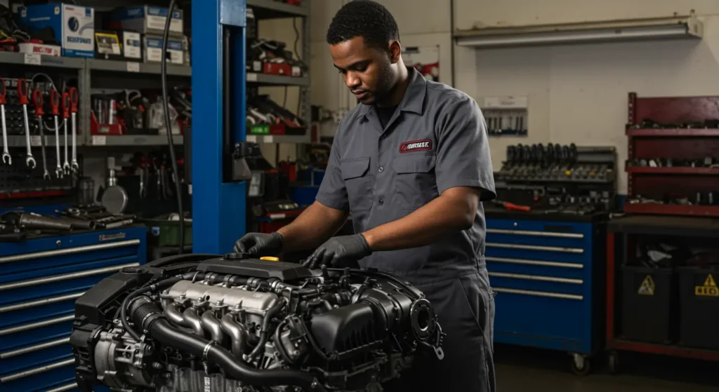 An innovative automotive mechanics training course unfolds in a modern, well-equipped workshop. In the foreground, a mechanic intently examines an engine, their hands deftly navigating the intricate components. The middle ground showcases a variety of automotive tools and equipment, neatly organized and ready for use. In the background, a chalkboard displays diagrams and schematics, illustrating the methodical approach to teaching mechanical concepts. Warm lighting casts a comfortable, focused atmosphere, encouraging an engaging and immersive learning experience. The scene conveys a harmonious blend of practical hands-on training and comprehensive theoretical knowledge, embodying the "Metodologia de Ensino Inovadora" (Innovative Teaching Methodology) that powers this professional automotive mechanics course.