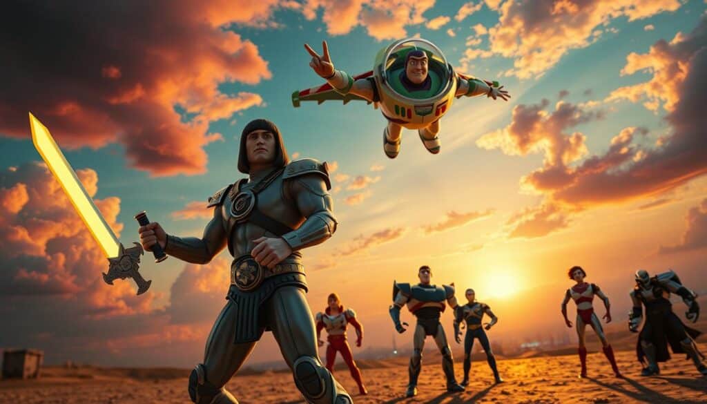 A lively, cinematic scene depicting a futuristic reinterpretation of classic characters from "Masters of the Universe" and "Toy Story." In the foreground, a heroic figure resembling He-Man stands confidently, wielding a glowing sword, while a modernized Buzz Lightyear with sleek armor flies above him against a vibrant sunset. In the middle, other familiar characters are reimagined in bold, avant-garde styles, showcasing their new looks and dynamic poses. The background features an expansive sky filled with colorful clouds and a distant city skyline, hinting at a fantastical world. The atmosphere is energetic and inspiring, illuminated by warm, golden lighting that highlights the characters' intricate details. The perspective is slightly low-angle, creating a sense of grandeur and excitement, inviting viewers into this reimagined universe.
