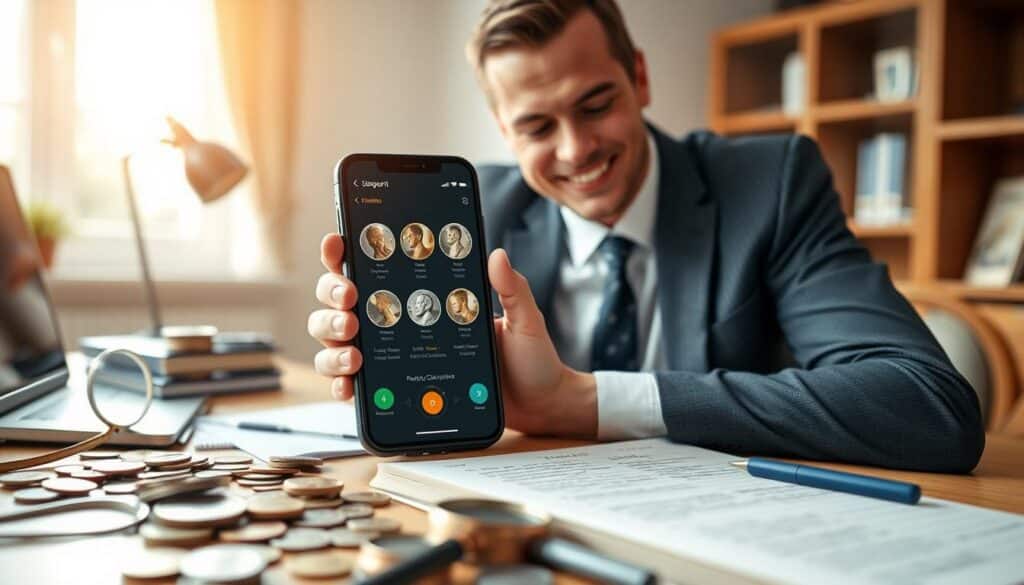 A vibrant and engaging digital workspace designed for coin collectors, featuring a smartphone displaying an app interface that highlights rare coins. In the foreground, a user in professional business attire is closely examining the app, with a look of curiosity and excitement on their face. The middle ground includes a neatly organized desk with a variety of coins, magnifying glasses, and a notepad filled with notes on rare currencies. In the background, soft natural light filters through a window, creating an inviting atmosphere. The scene conveys a sense of discovery and satisfaction, emphasizing the user's positive experience with the app. The focus is sharp on the smartphone and the user, while the desk items slowly blur out, enhancing depth.
