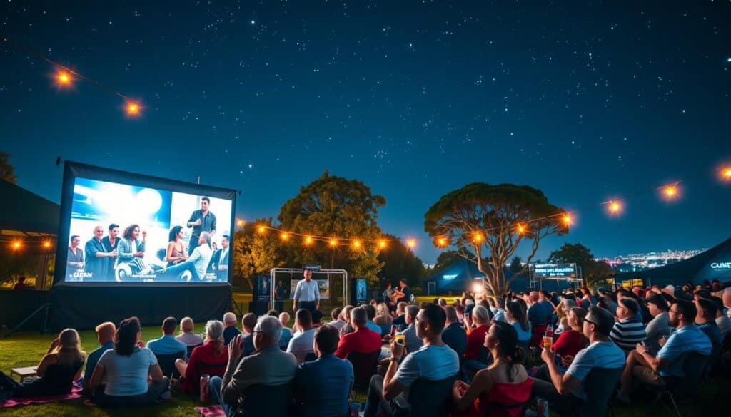 A vibrant outdoor trailer cinema scene set under a starry night sky. In the foreground, a large outdoor screen displays dynamic movie trailers, illuminating the faces of an engaged audience beneath string lights. The audience, dressed in smart casual attire, is seated on blankets and lawn chairs, with popcorn and drinks in hand, creating a relaxed yet anticipatory atmosphere. In the middle ground, various movie posters are subtly visible, hinting at upcoming films. The background showcases trees and a distant city skyline, adding depth to the scene. Soft, warm lighting casts a cozy glow, enhancing the excitement and enthusiasm of film lovers. The overall mood is lively and inviting, reflecting the anticipation of new releases and cinematic experiences.