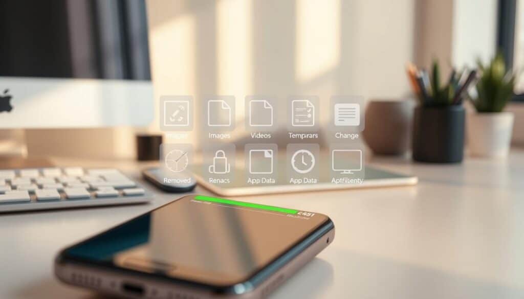 A clean, organized workspace featuring a smartphone prominently displayed in the foreground, with a graphic representation of a digital cache being cleared. The phone screen shows a progress bar filled with vibrant green, symbolizing the freeing of space. In the middle ground, sleek, translucent icons represent various types of temporary files being removed, such as images, videos, and app data. The background is a soft-focus computer desk with a modern aesthetic, illuminated by warm, natural lighting to create a welcoming atmosphere. The overall mood is one of efficiency and clarity, emphasizing the importance of clearing cache for improved device performance. The image captures the essence of tidiness and technological brilliance without any text or distractions.