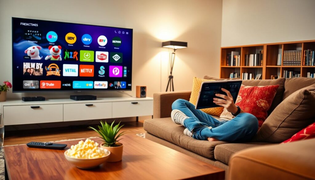 A cozy and modern living room setting with a large flat-screen TV showcasing various streaming app icons. In the foreground, a stylish coffee table holds a remote control, a bowl of popcorn, and a small potted plant. In the middle, a comfortable couch with colorful cushions invites relaxation, while a person in casual attire sits cross-legged, eagerly browsing through a tablet displaying app comparisons. The background features warm lighting from a floor lamp, soft shadows casting a welcoming atmosphere, and a bookshelf filled with DVDs and movies. Capture the essence of a relaxed yet engaging environment where viewers can discover the ideal streaming apps.