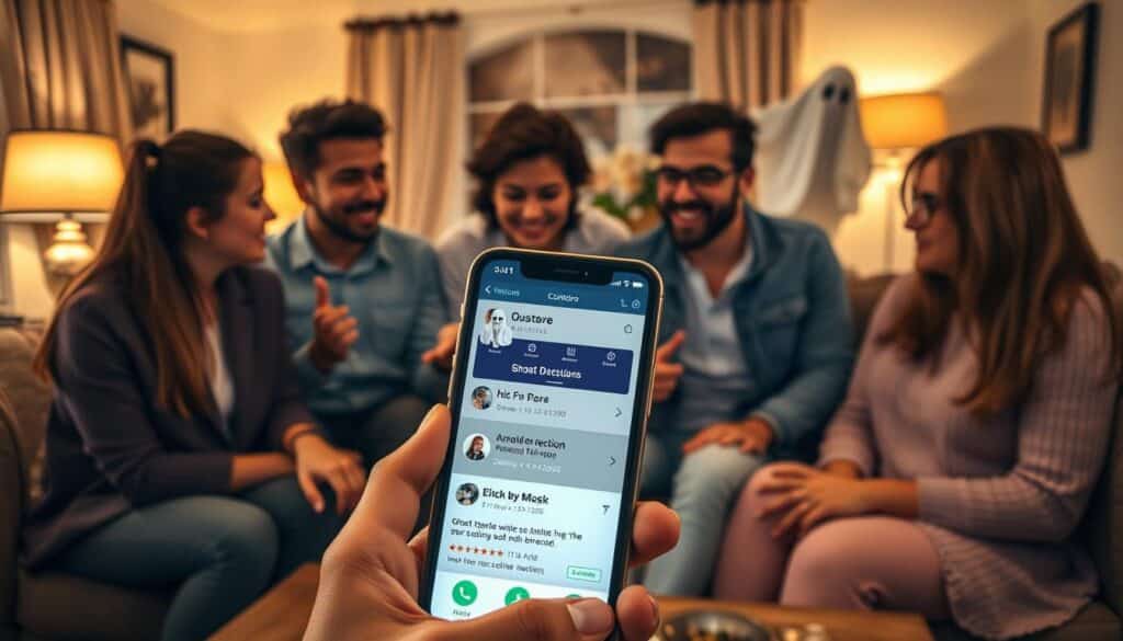 A cozy living room setting illuminated by soft, warm lighting, where a group of diverse individuals, dressed in casual but tidy clothing, engages in an animated discussion about a ghost detection app. In the foreground, a smartphone displays the app with a vibrant interface showing user reviews and ratings. The middle ground features the users with expressions of curiosity and excitement, as they share their experiences, with one person gesturing towards the phone. In the background, hints of ghostly apparitions can be subtly integrated, adding a mysterious vibe without being overt. The atmosphere is inviting yet slightly eerie, enhancing the intrigue surrounding the topic of ghost hunting applications. Use a wide-angle lens to capture the group dynamics and create depth in the scene.