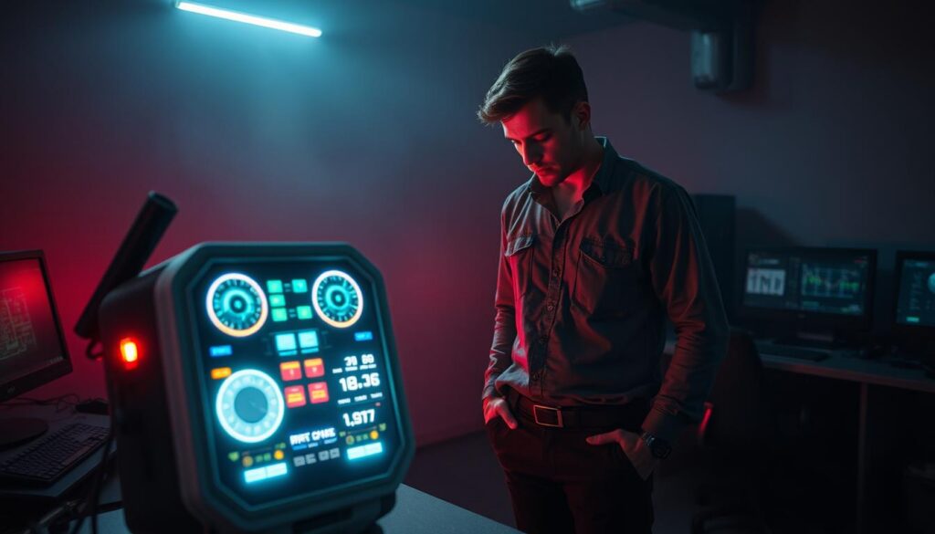 A futuristic ghost detector technology scene set in an atmospheric, dimly-lit environment. In the foreground, a sleek, high-tech device glows softly with vivid lights and displays, showcasing various dials and screens that indicate spectral presence and energy levels. The middle ground features a professional, focused individual dressed in modest casual clothing, intently examining the device, surrounded by scattered high-tech tools and monitors. In the background, faintly illuminated shadows create an eerie yet intriguing ambiance, hinting at the presence of supernatural elements. The overall mood is suspenseful yet scientific, evoking curiosity and wonder about the intersection of technology and the paranormal, captured from a slightly elevated angle to add depth.