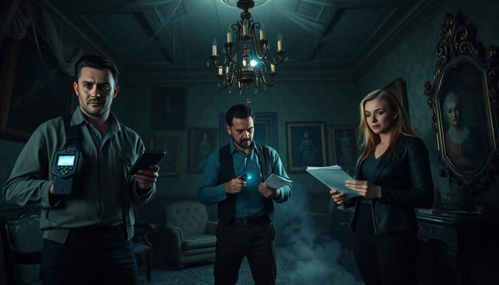 A group of three ghost hunters, dressed in professional casual attire, stands in an eerie, dimly lit old mansion filled with cobwebs and dusty furniture. In the foreground, one hunter holds a ghost detection device, its screen glowing faintly. The second hunter, with a flashlight, examines a mysterious shadowy corner, while the third, a woman with a determined expression, carefully takes notes. The middle layer features an old chandelier hanging from the ceiling, casting flickering light that creates haunting silhouettes on the walls. In the background, faded portraits and antique mirrors enhance the haunted atmosphere, with a chilling, mist-like presence barely visible. The overall mood suggests suspense and intrigue, inviting viewers to join the ghostly exploration.