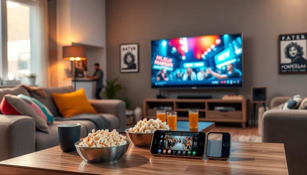 A modern living room setting designed for a relaxing movie night, featuring a sleek flat-screen TV displaying a vibrant HD movie scene. In the foreground, a stylish coffee table holds popcorn and drinks, suggesting a cozy atmosphere. A comfortable sofa is adorned with colorful cushions, inviting viewers to unwind. Soft ambient lighting casts a warm glow over the space, enhancing the inviting mood. In the middle ground, a user-friendly mobile device rests on the table, showcasing a well-designed app interface for streaming movies. The background includes subtle décor, such as framed posters of classic films, enhancing the cinematic theme. The entire scene is illuminated with natural light streaming through a nearby window, imparting a sense of warmth and relaxation perfect for enjoying films online in HD.