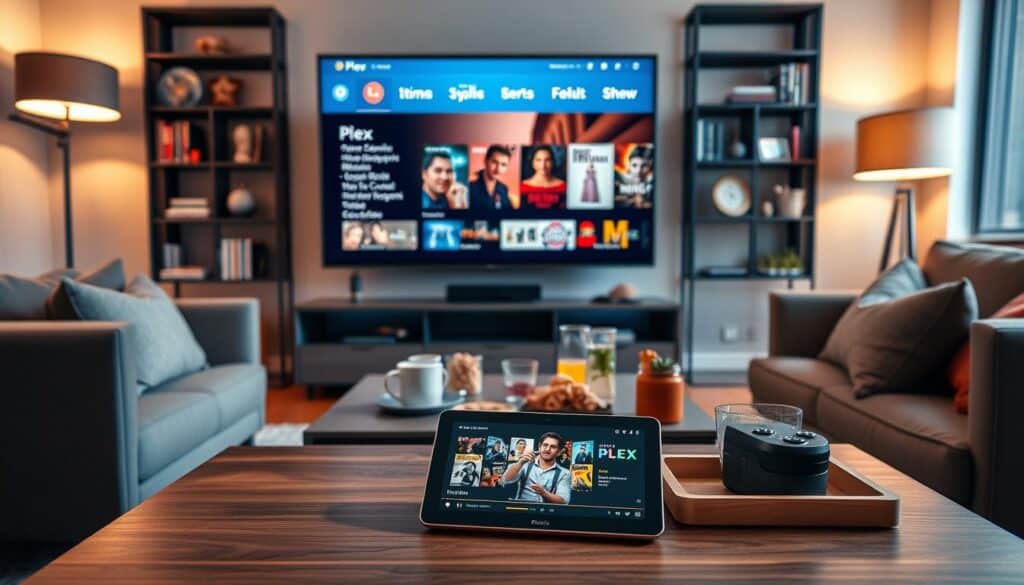 A modern living room with a comfortable couch and a large smart TV displaying the Plex interface, showcasing various streaming options and media collections. In the foreground, a tablet with the Plex app open on a stylish coffee table, surrounded by snacks and drinks. The middle ground features soft ambient lighting from floor lamps, creating a cozy atmosphere. In the background, shelves filled with movies, books, and decorative items enhance the inviting space. Warm tones dominate the scene, suggesting relaxation and entertainment. The view is from an angle that captures both the TV and the cozy setup, emphasizing the integration of technology and home entertainment. The overall mood is inviting, suggesting limitless possibilities for media enjoyment.