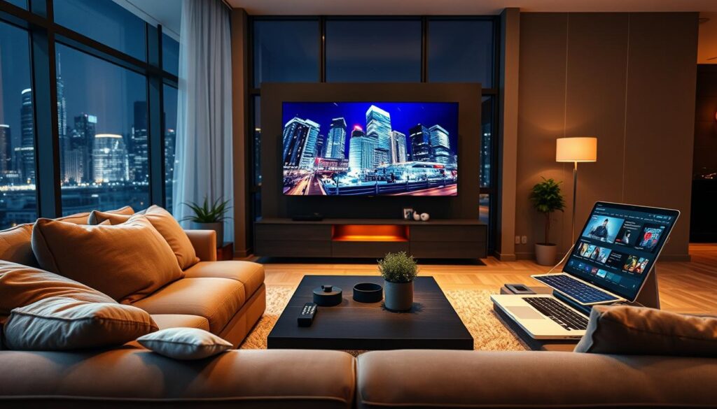 A modern, sleek living room setting with a large, high-definition television screen displaying vibrant movie content. In the foreground, a stylish couch adorned with cozy pillows invites viewers to relax. On the coffee table, there are various technological streaming devices like a smart remote, a tablet, and a laptop with streaming apps open. The middle ground features a warm ambiance created by soft, adjustable lighting that highlights the entertainment setup. In the background, large windows show a nighttime cityscape, adding a feeling of immersion and excitement. The mood is cozy yet high-tech, portraying the ultimate movie-watching experience. Shot with a wide-angle lens to capture the full setup, ensuring clarity and detail without any text, overlays, or distractions.