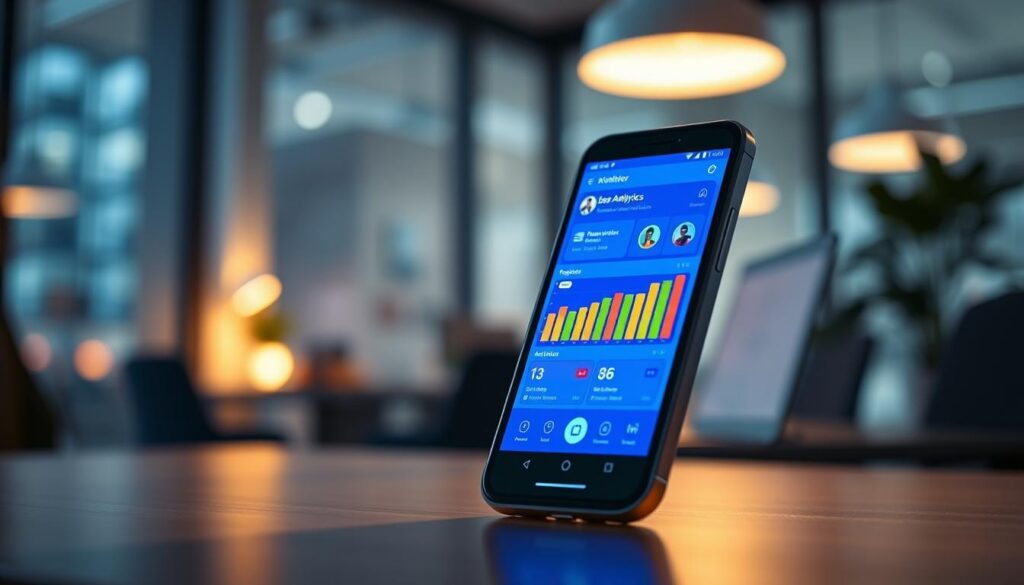 A modern, sleek smartphone displaying a vibrant app interface focused on visitor monitoring for social media profiles, positioned prominently in the foreground. In the background, a blurred office setting hints at tech sophistication, featuring ambient lighting that casts a warm glow. The middle ground includes colorful charts and graphs depicting user analytics on the phone screen, conveying a sense of data-driven insights. The mood is professional and innovative, with a subtle techy atmosphere emphasizing the importance of connectivity and information. The smartphone is viewed from a slight angle, showcasing its high-resolution display, while soft shadows enhance the three-dimensional effect. No people in the image, ensuring a clean and professional look without distractions.