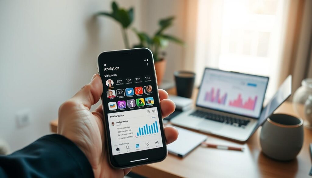 A modern smartphone displaying a vibrant Android app interface, prominently featuring a detailed analytics dashboard related to Instagram profile visitors. The foreground showcases the phone held by a person in a smart casual outfit, reflecting an analytical and contemplative mood. In the middle ground, various colorful app icons represent different analysis tools, with graphs showing visitor stats and engagement metrics. The background features a cozy workspace with a laptop open to social media analytics, soft natural lighting filtering through a window, creating a warm and inviting atmosphere. The overall scene balances professionalism and accessibility, emphasizing technology's role in social media insight.