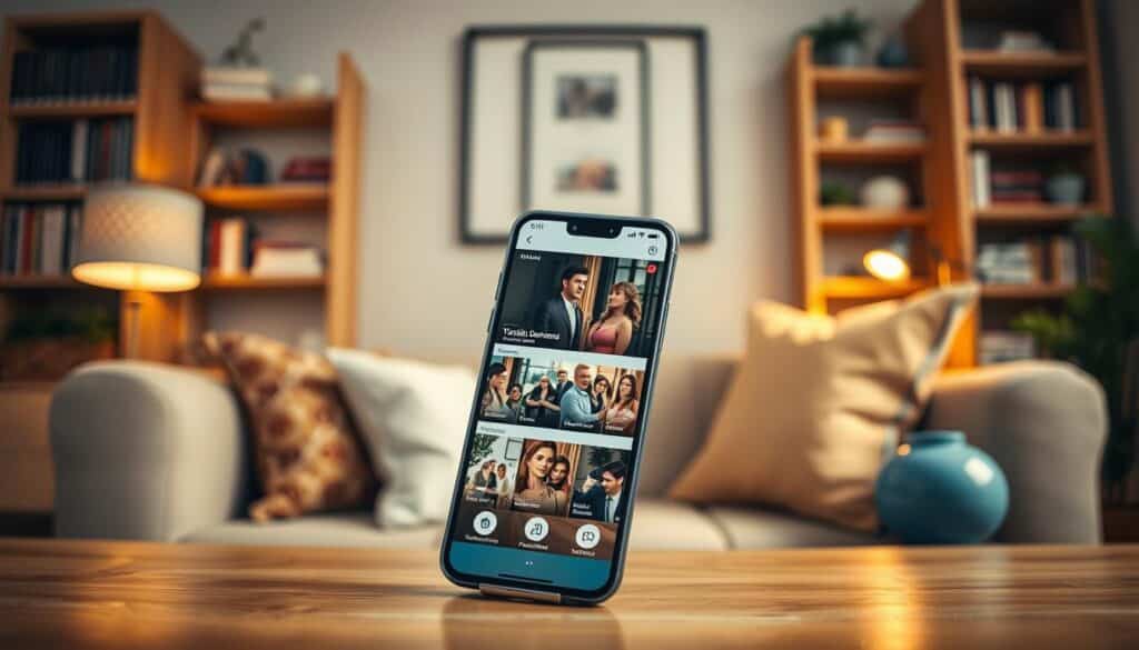 A modern smartphone displaying an application interface designed exclusively for watching Turkish soap operas. In the foreground, the phone screen shows vibrant thumbnails of popular Turkish dramas, showcasing diverse characters in dramatic scenes. The middle ground features a stylized workspace with a cozy ambiance, including a plush sofa and cushions, evoking a sense of comfort for viewers. The background features a tasteful bookshelf filled with books and decorative items, enhancing the homey atmosphere. Soft, warm lighting illuminates the scene, creating an inviting mood. The camera angle is slightly tilted to focus on the phone while the surrounding elements blur gently, conveying a sense of engagement with the application. No people are present in the image, ensuring a focus on the app itself.