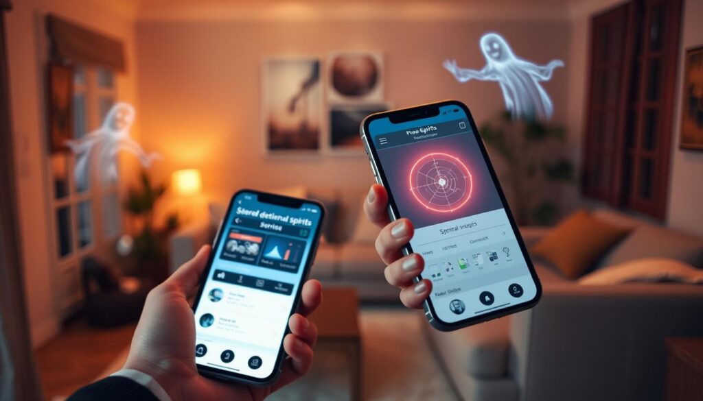 A modern user interface of a mobile application designed to detect spirits, showcasing a user-friendly experience. In the foreground, a close-up of a sleek smartphone held by an individual dressed in smart casual attire, with a glowing app screen displaying spectral analysis graphics and an intuitive layout. The middle background features a cozy, softly-lit living room with comfortable furniture, creating a welcoming environment. Ethereal effects, like faint glows or transparent ghostly figures, subtly integrated into the background to emphasize the paranormal theme. The scene is illuminated with warm, ambient lighting, evoking a mysterious yet inviting atmosphere. The angle is slightly tilted, enhancing the dynamic feel of the image while maintaining a focus on the app interface.