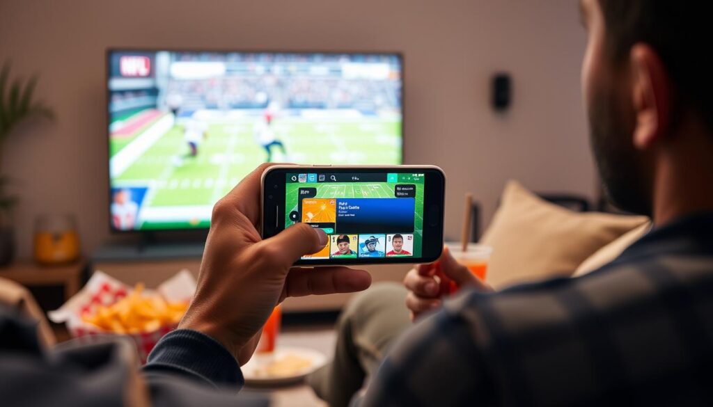A person holding a smartphone displaying a vibrant NFL streaming app interface, set in a cozy living room backdrop. In the foreground, focus on the individual, dressed in casual sports attire, with an excited expression while watching a game. In the middle, the smartphone screen clearly shows a colorful NFL game schedule or live game feed, surrounded by snacks and drinks, enhancing the viewing experience. In the background, a soft-focus television displays a live NFL match, casting a warm glow. The lighting is bright and inviting, creating a cheerful atmosphere, reminiscent of a game day gathering. The composition should feel relatable and engaging, drawing viewers into the excitement of watching NFL games on mobile devices.
