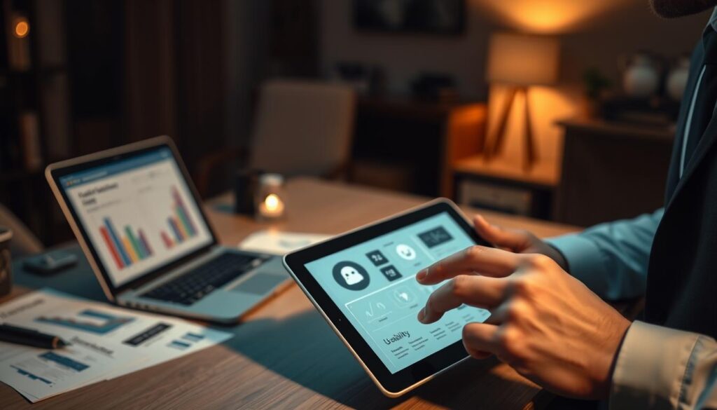 A professional workspace featuring a modern ghost detection app interface displayed on a sleek tablet. In the foreground, a user in smart casual attire is intently interacting with the app, tapping icons and examining ghost detection data, alluding to usability analysis. The middle ground shows a laptop with charts and usability reports scattered around, hinting at research and evaluation processes. The background includes soft-focus elements of a cozy office, with dim lighting that creates a mysterious but inviting atmosphere. The overall mood is one of intrigue and professionalism, emphasizing user experience and app functionality, with warm lighting softly illuminating the scene to create a focused, engaging environment.