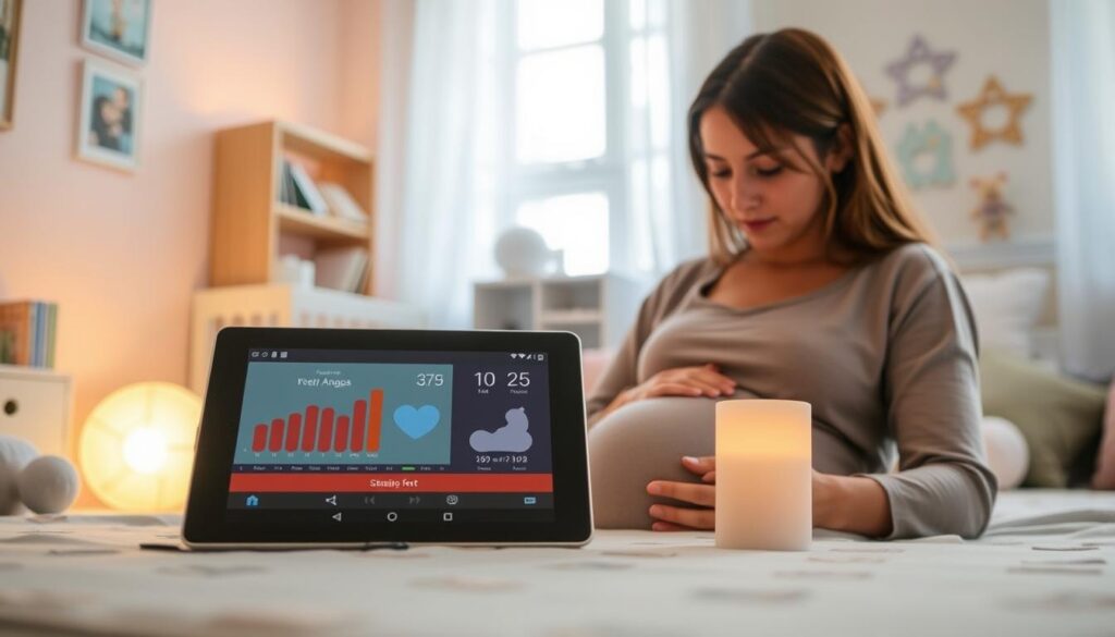 A serene and informative image showcasing visual resources for pregnancy tracking. In the foreground, a tablet displays a colorful, interactive app interface with graphs and illustrations of fetal development. Nearby, a woman, dressed in modest casual clothing, is attentively reviewing the app, her expression one of curiosity and engagement. In the middle ground, a soft glow emanates from a nearby lamp, creating a warm atmosphere that suggests comfort and reassurance. The background features elements like a cozy nursery with pastel-colored walls, baby books, and soft toys, all bathed in gentle, natural light streaming through a window. The overall mood is uplifting and supportive, emphasizing the journey of pregnancy through modern technology.