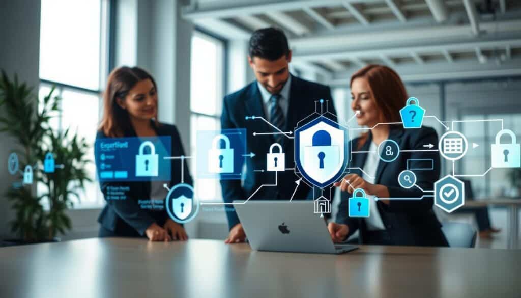 A serene workspace setting, highlighting themes of digital privacy and security. In the foreground, a diverse group of three professionals engaged in a discussion, all dressed in smart business attire. They are analyzing data displayed on a laptop or tablet that shows secure digital interfaces and privacy settings. In the middle ground, a soft focus on graphics representing cybersecurity elements, such as padlocks, shields, and encrypted data streams. The background features a modern office with minimalistic decor, large windows letting in soft, natural light that conveys a calm and secure atmosphere. The overall mood is informative, professional, and focused on the importance of digital privacy and security in today's technology-driven world.