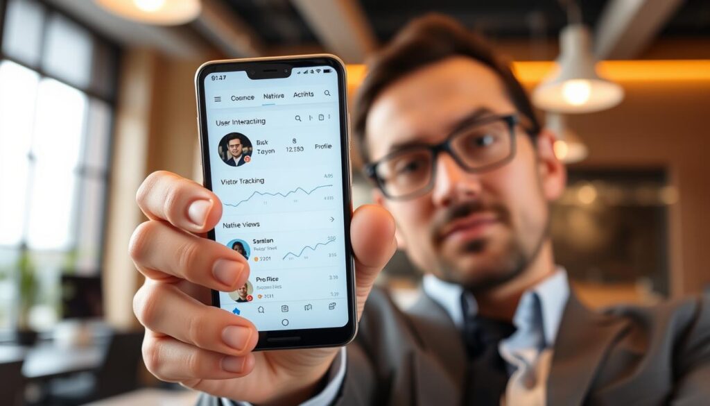 A side-by-side comparison of two mobile application interfaces on a sleek, modern smartphone, showcasing a third-party app on the left and a native tool on the right. The apps focus on user interaction analytics, emphasizing visitor tracking and profile views. The background features a soft-focus office environment, suggesting professionalism, with warm lighting illuminating the phone from above. In the foreground, a business professional, dressed in smart casual attire, points towards the smartphone, highlighting the differences between the two applications. The perspective is slightly overhead, providing a clear view of the screens, while the atmosphere is engaging and informative, conveying a sense of curiosity and analysis.