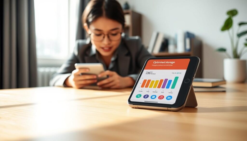 A sleek, modern iOS device displayed on a clean, wooden desk, showcasing an app interface that illustrates optimized storage solutions with visual elements like graphs and colorful icons. In the foreground, vibrant smartphone graphics depict storage levels decreasing as files are cleared. The middle ground features a person, dressed in professional business attire, intently focusing on the device, highlighting user interaction. Soft, natural lighting filters through a nearby window, creating a warm, inviting atmosphere. In the background, blurred shelves with tech books and a minimalist plant add a touch of sophistication, enhancing the image's overall mood. The composition emphasizes the importance of efficient storage management on iOS devices, with a focus on clarity and functionality.