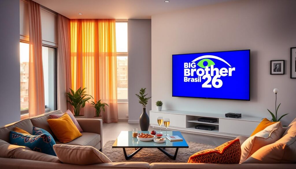 A sleek, modern living room designed for watching TV, featuring a large flat-screen television prominently displaying the Big Brother Brasil 26 logo inside a white room (quarto branco). The foreground includes a comfortable sofa with colorful throw pillows, inviting casual lounging. In the middle, a stylish coffee table is adorned with snacks and drinks, emphasizing a social atmosphere. The background features large windows with soft curtains, allowing warm sunlight to illuminate the space, creating a cozy vibe. Subtle decorations like plants and framed pictures add charm without clutter. The overall mood is vibrant and anticipative, perfect for enjoying reality TV moments together with friends.