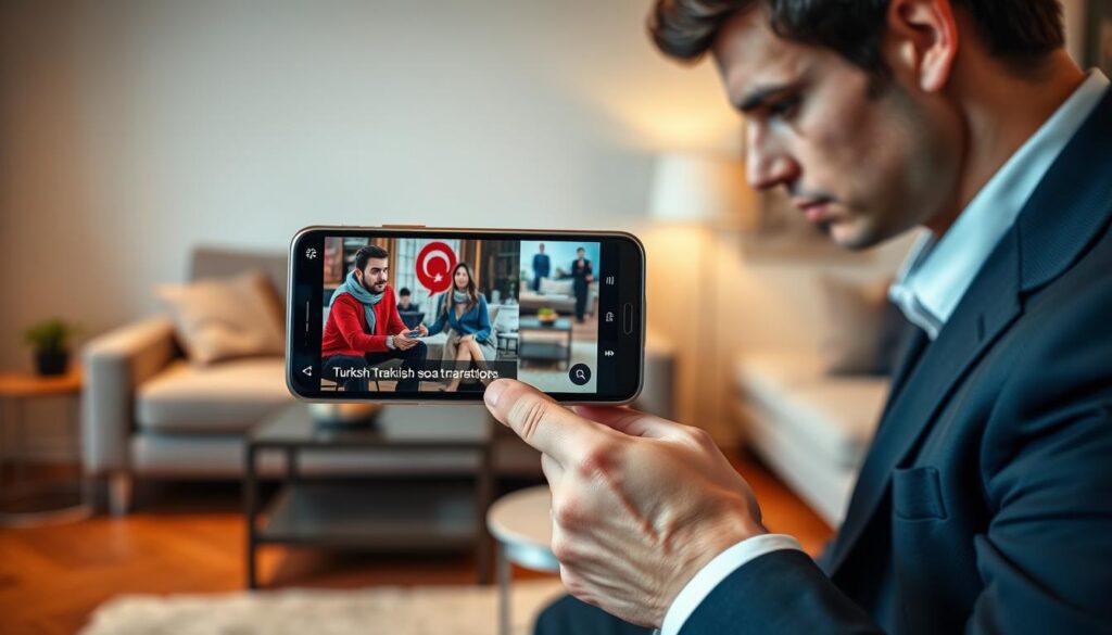 A sleek, modern smartphone displays a vibrant video of a Turkish soap opera on its screen, set against a soft-focus background of a cozy living room. In the foreground, a professional-looking person, dressed in smart casual attire, is intently engaged with the phone, with subtitles and translation tools subtly visible on the screen interface. The room is warmly lit, creating an inviting atmosphere, with a stylish couch and a cup of tea on a side table, emphasizing comfort and relaxation. The lens captures the scene from a slightly elevated angle, focusing on the phone while allowing hints of the room's decor. The overall mood is one of immersion and enjoyment, encapsulating the experience of integrating subtitles and translation tools for an engaging viewing experience.