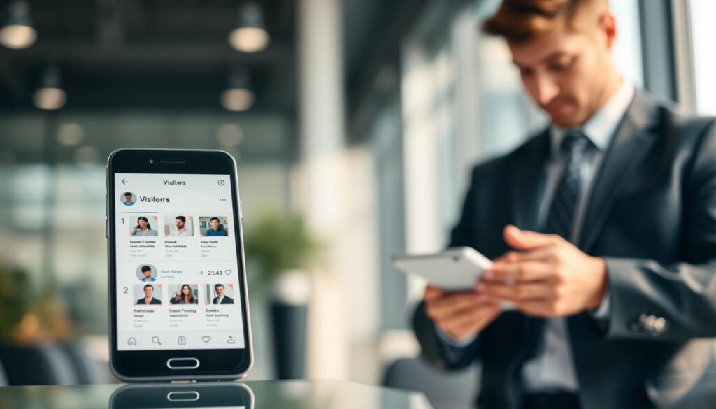 A sleek smartphone displaying an app interface for monitoring visitors on a social media profile. In the foreground, the phone screen shows various visitor profiles with user avatars and interaction metrics. The background features a blurred, modern office environment with a person in professional business attire focused on the phone, reflecting curiosity. Soft, natural lighting illuminates the scene, creating a warm and inviting atmosphere. The image has a slight depth of field, emphasizing the phone while softly fading the background. The overall mood is professional yet engaging, representing the blend of technology and social interaction.