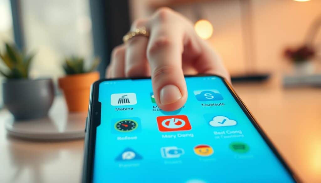A sleek smartphone screenshot showcasing a variety of recommended Android apps for memory cleaning features prominently in the foreground. The screen displays colorful app icons like a broom, a speedometer, and a cloud with a refresh symbol, representing functionality and innovation. In the middle, a blurred hand gently touches the screen, illustrating user interaction and engagement. The background is a softly blurred modern workspace, with warm ambient lighting to create a cozy, productive atmosphere. The overall mood is informative and inviting, encouraging users to explore the apps. The angle captures a slightly elevated view of the smartphone, emphasizing the vibrant app icons while maintaining a professional aesthetic.