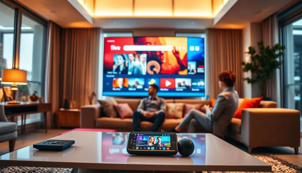 A stylish and modern living room setting with a large flat-screen Google TV displaying vibrant streaming content. In the foreground, a sleek coffee table holds a remote control and a smartphone streaming video. In the middle, a comfortable couch is adorned with colorful cushions, where a person, dressed in smart casual attire, is sitting and engaged in watching the TV. The background features warm ambient lighting, with soft hues creating a cozy atmosphere. Large windows allow natural light to filter in, highlighting the decor of the room. The image captures an inviting and contemporary space that reflects relaxation and entertainment.