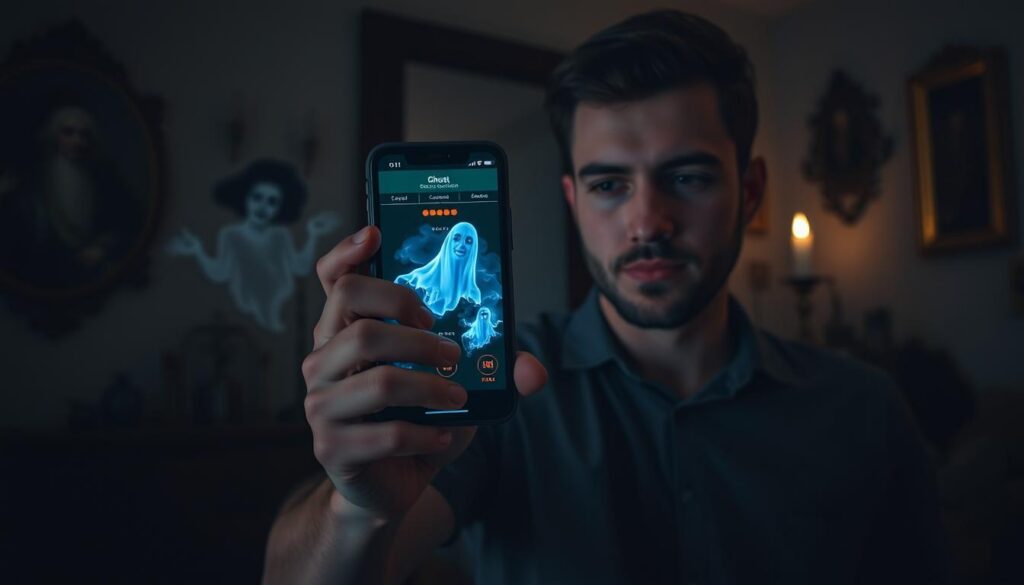 A user interface displaying a ghost detection app on a smartphone, held by a person in modest casual clothing, is prominently featured in the foreground. The screen glows with colorful readings and ghostly visuals. In the middle, a dimly lit room adds to the mystery, with shadows hinting at unseen presences. Ethereal wisps and faint ghostly forms can be seen subtly illuminated by the phone's light, creating an eerie atmosphere. The background reveals vintage decor—a flickering candle, old portraits, and dimly lit walls—enhancing the haunting vibe. Soft, ambient lighting highlights the subject's focused expression, creating a sense of intrigue and excitement about the ghost detection experience. The overall mood is suspenseful yet inviting, drawing the viewer into the spectral exploration.
