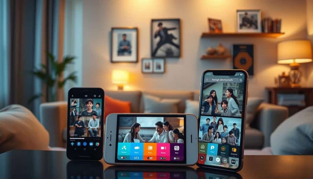 A vibrant digital collage comparing popular Korean drama streaming apps. In the foreground, display three distinct mobile devices showcasing the apps’ interfaces, with vivid screenshots of famous dramas. The middle ground features a cozy living room environment, with a plush sofa and soft cushions, hinting at a comfy binge-watching setup. In the background, a warm glow of ambient lighting creates an inviting atmosphere, with a stylish shelf displaying Korean drama memorabilia, such as DVDs and posters. The angle is slightly elevated, capturing a balanced perspective that highlights the devices prominently while maintaining the cozy room vibe. The mood is relaxed and engaging, perfect for a devoted K-drama fan.