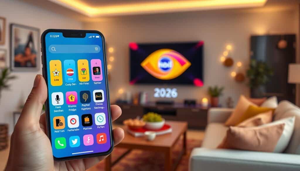 A visually appealing image depicting a modern mobile app interface designed for watching the Big Brother Brasil (BBB) 2026. In the foreground, showcase a sleek smartphone displaying the app with vibrant colors, user-friendly navigation icons, and features like live streaming and social media integration. The middle ground features a cozy living room setting, with a stylish couch and a large TV screen showcasing the show's iconic logo. In the background, soft ambient lighting with subtle decorative elements enhances the atmosphere of excitement and anticipation. The scene conveys a sense of community and engagement, inviting the viewer to join the larger conversation around the show. Use a slightly angled perspective to add depth, with warm lighting to create an inviting mood.