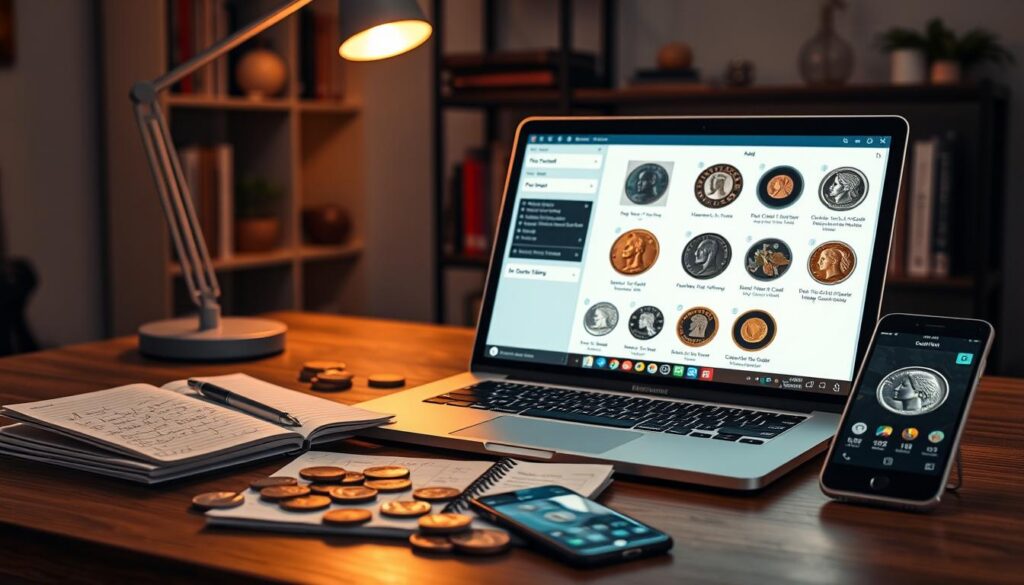A visually engaging composition depicting a modern workspace dedicated to choosing the best rare coin detection apps. In the foreground, showcase a sleek laptop open with a bright display showing various coin identification applications, their user interfaces and features visible. Surrounding the laptop, arrange a few rare coins, an open notebook with handwritten notes, and a smartphone displaying a coin detection app. In the middle ground, feature a subtle hint of a stylish desk lamp casting warm light over the scene, creating focus and clarity. The background should show a shelf with books about numismatics and decorative items related to coins, adding depth. The overall mood is one of focused research and excitement about discovering rare coins, illuminated with soft lighting to enhance the atmosphere of knowledge and exploration.