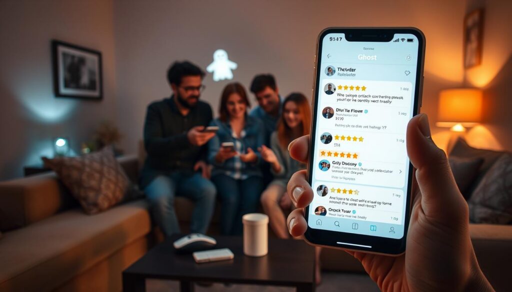 A visually engaging composition showing a cozy living room illuminated by warm, soft lighting. In the foreground, a modern smartphone displays a ghost-detecting app with user reviews and ratings, showcasing vibrant star ratings and colorful comment bubbles. In the middle, a diverse group of individuals—two men and two women—are interacting with the app enthusiastically, dressed in casual but neat attire. They are surrounded by ghost-hunting tools like EMF detectors and a ghostly apparition subtly floating in the background, suggesting the theme of paranormal encounters. The room features comfortable furniture and a family photograph on the wall, creating a homey atmosphere. The overall mood is curious and engaging, inviting viewers into the world of ghost detection.