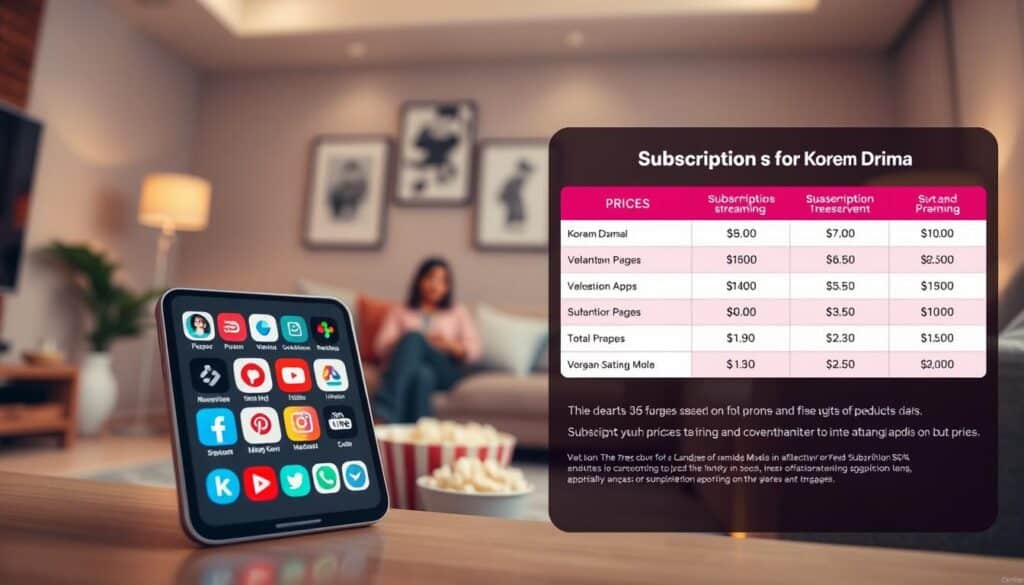 A visually engaging infographic-style image illustrating a comparison of subscription prices for Korean drama streaming services. In the foreground, a sleek, modern smartphone displaying various streaming app icons related to Korean dramas. To the right, include a visually appealing chart or table comparing prices and subscription models, with clear and colorful sections for different price tiers. In the middle ground, there are subtle elements representing a cozy viewing environment, like a couch and a bowl of popcorn. The background showcases a soft, blurred living room setting, enhancing the home-viewing atmosphere. The lighting is warm and inviting, creating a relaxed mood perfect for enjoying dramas. Use a wide-angle perspective to capture all elements harmoniously without any text or watermarks.