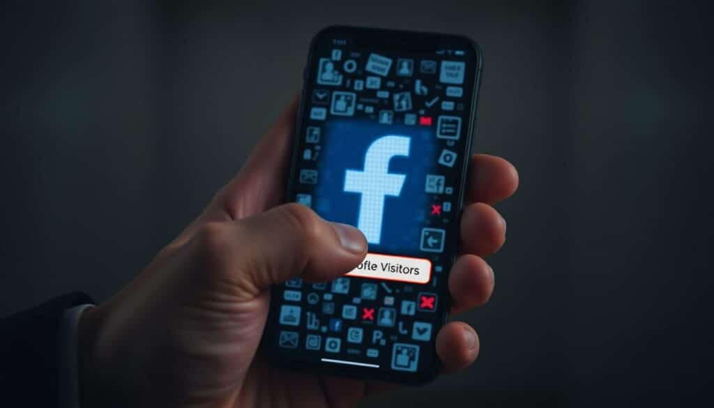 A visually striking representation of fraudulent Facebook applications, featuring a mobile device displaying a deceptive interface crowded with suspicious icons and notifications. In the foreground, the smartphone is held by a person in professional business attire, their hand slightly trembling as they hover over an ominous "View Profile Visitors" button. The middle layer showcases a blurry, pixelated version of the Facebook logo, emphasizing the theme of digital deception. In the background, a dimly lit room is illuminated by the soft glow of the phone screen, casting eerie shadows and creating a tense atmosphere. The mood is one of intrigue and caution, underscoring the dangers of misleading social media applications. The angle is slightly tilted, adding a dynamic feel to the scene.