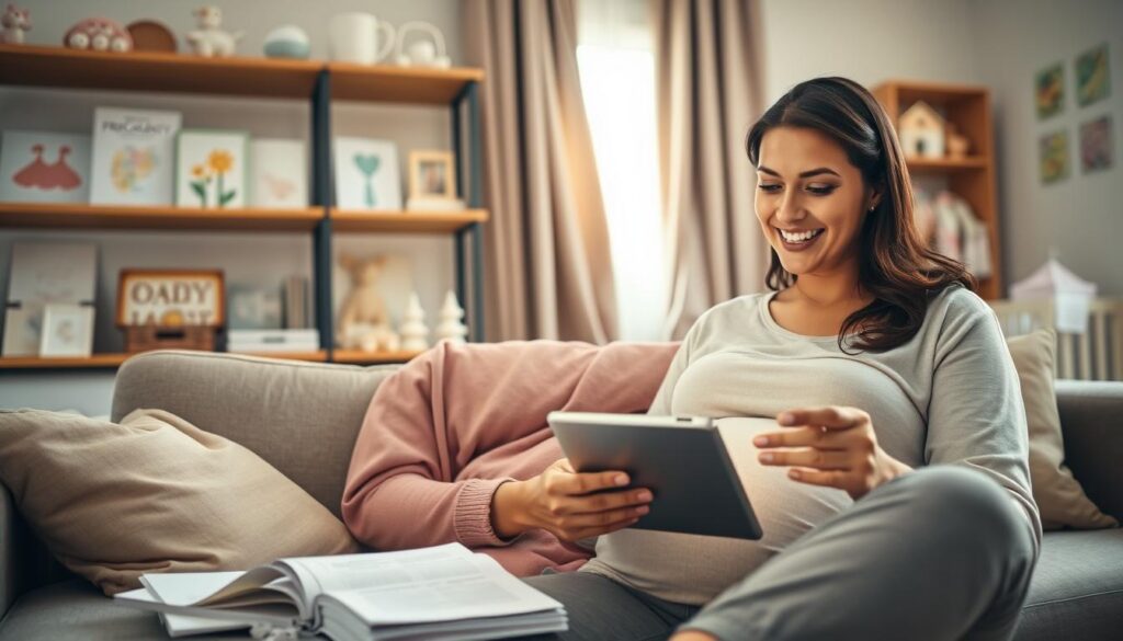 A warm and inviting scene depicting a modern pregnant woman in comfortable, modest casual attire, sitting on a cozy couch surrounded by a tablet, baby books, and notes. The foreground features the woman happily browsing a pregnancy tracking app, her face illuminated by the soft glow of the device. In the middle background, shelves hold various pregnancy-related items such as a calendar, baby clothes, and health guides. The background reveals a softly lit nursery with pastel colors and baby decorations. Natural sunlight streams through a window, creating a serene and optimistic atmosphere. Use a close-up angle to capture her engaging expression, focusing on her interaction with the app, and ensure the lighting is warm and welcoming.