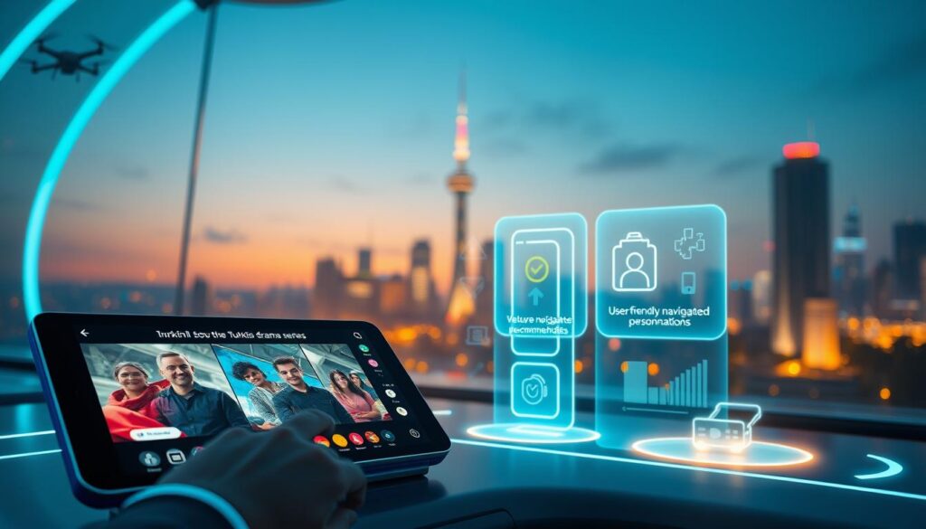 A futuristic digital environment showcasing exclusive resources and technological innovations. In the foreground, a sleek touchscreen interface displays vibrant visuals of a popular Turkish drama series, with interactive elements glowing softly. The middle ground features holographic projections of new app features, such as user-friendly navigation and personalized recommendations, with bright, engaging colors. In the background, a modern cityscape lit by soft twilight, symbols of advanced technology like drones and smart city elements. The scene is illuminated with a cool blue and warm yellow blend, evoking an inviting and high-tech atmosphere. The image captures a sense of excitement and possibility in the realm of digital entertainment.