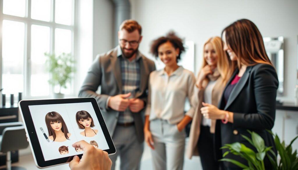 A modern, intuitive hair cutting simulation interface displayed on a sleek tablet device. The foreground features a user-friendly touch screen, showcasing a variety of virtual hairstyles on a clean layout. In the middle, a diverse group of individuals, dressed in smart casual attire, engage with the app, one experimenting with different styles while another observes. The background features a stylish, minimalist salon setting, with bright, natural lighting streaming through large windows, creating an inviting atmosphere. The image captures a sense of excitement and creativity, emphasizing the ease of use and interactive experience of the hair cutting simulator. Shot from a slightly elevated angle to provide a comprehensive view of the interface and user engagement.