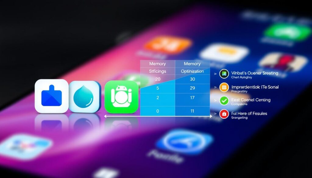 A visually engaging comparative infographic showcasing popular mobile cleaning apps. In the foreground, display three distinct app icons in a sleek, modern design, each representing its unique features with a subtle glow. In the middle, create a stylized graph or chart comparing their efficiency, memory optimization capabilities, and user ratings, all in a vibrant color palette for easy differentiation. In the background, use a blurred image of a smartphone interface, suggesting a clean and organized home screen, with ambient lighting to enhance clarity. The mood should be informative and professional, aimed at tech-savvy users looking to improve their device's performance. Ensure the overall composition is balanced and aesthetically pleasing for an article section about app comparisons.