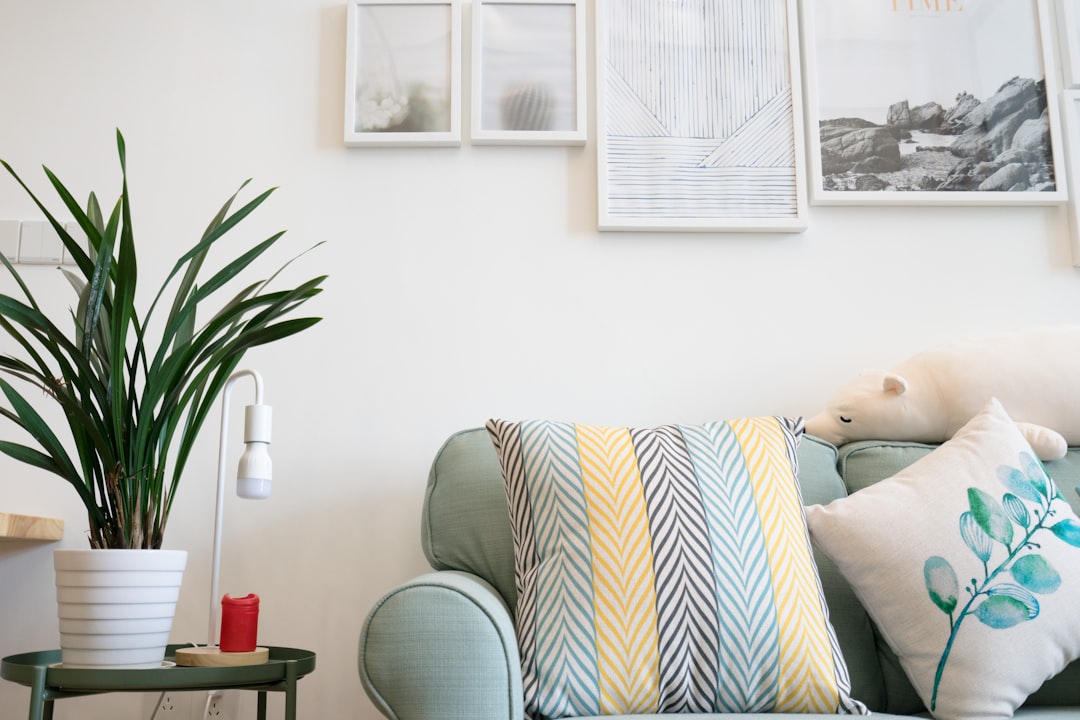 two assorted-color throw pillow on sofa beside potted plant — Foto por Tony Lee na Unsplash